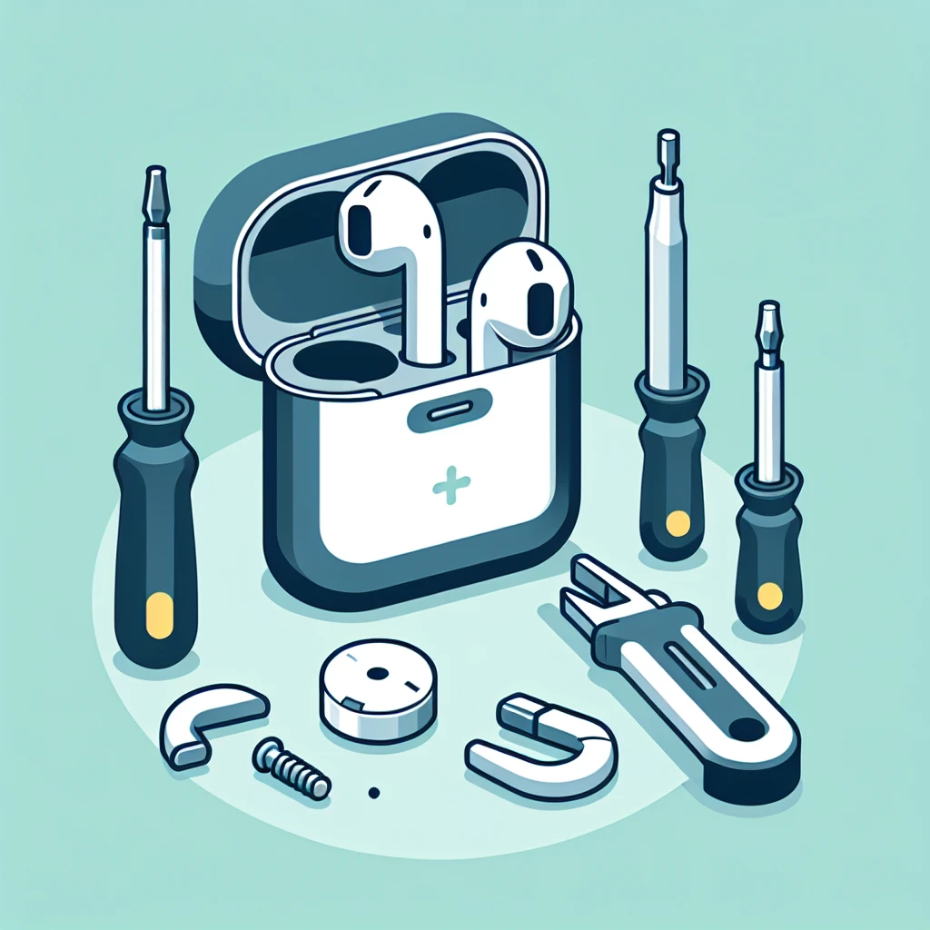 "Ilustrasi langkah-langkah memperbaiki masalah pengisian daya AirPods dengan menunjukkan proses pembersihan konektor dan pengaturan ulang perangkat."
