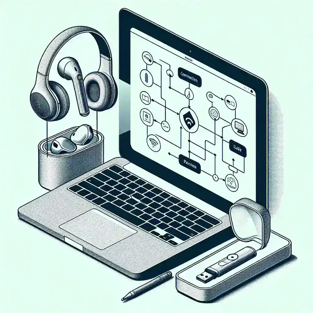 Alt text: "Gambar langkah-langkah menghubungkan Google Pixel Buds ke laptop, menampilkan ikon Bluetooth, laptop, dan earbud tanpa kabel."