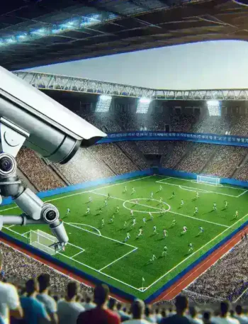 "AI Cam Detection teknologi di lapangan sepakbola untuk meningkatkan keamanan stadion, menampilkan kamera pengawas canggih yang memantau aktivitas penonton dan pemain."