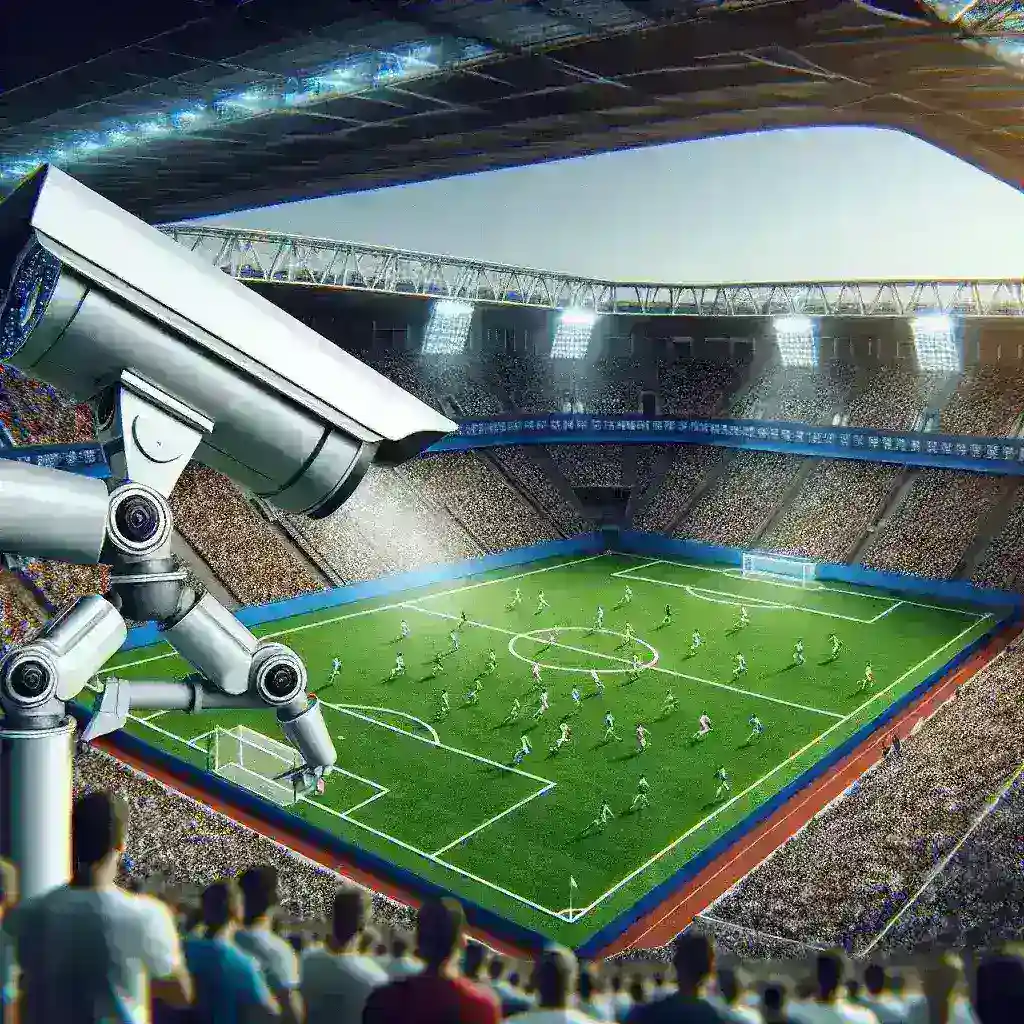 "AI Cam Detection teknologi di lapangan sepakbola untuk meningkatkan keamanan stadion, menampilkan kamera pengawas canggih yang memantau aktivitas penonton dan pemain."