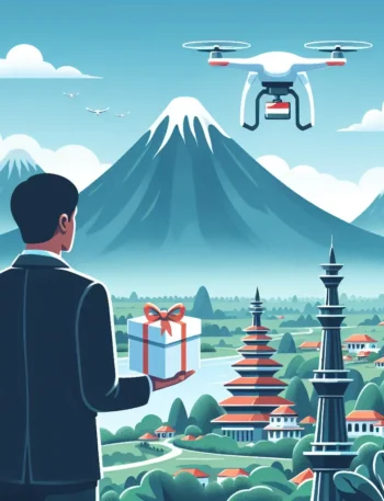 "Drone pengiriman komersial terbang di atas pemandangan indah Indonesia, mencerminkan inovasi dan regulasi terbaru dalam teknologi pengiriman yang sedang dikembangkan."