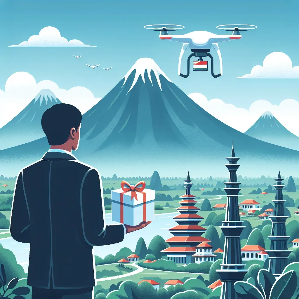 "Drone pengiriman komersial terbang di atas pemandangan indah Indonesia, mencerminkan inovasi dan regulasi terbaru dalam teknologi pengiriman yang sedang dikembangkan."